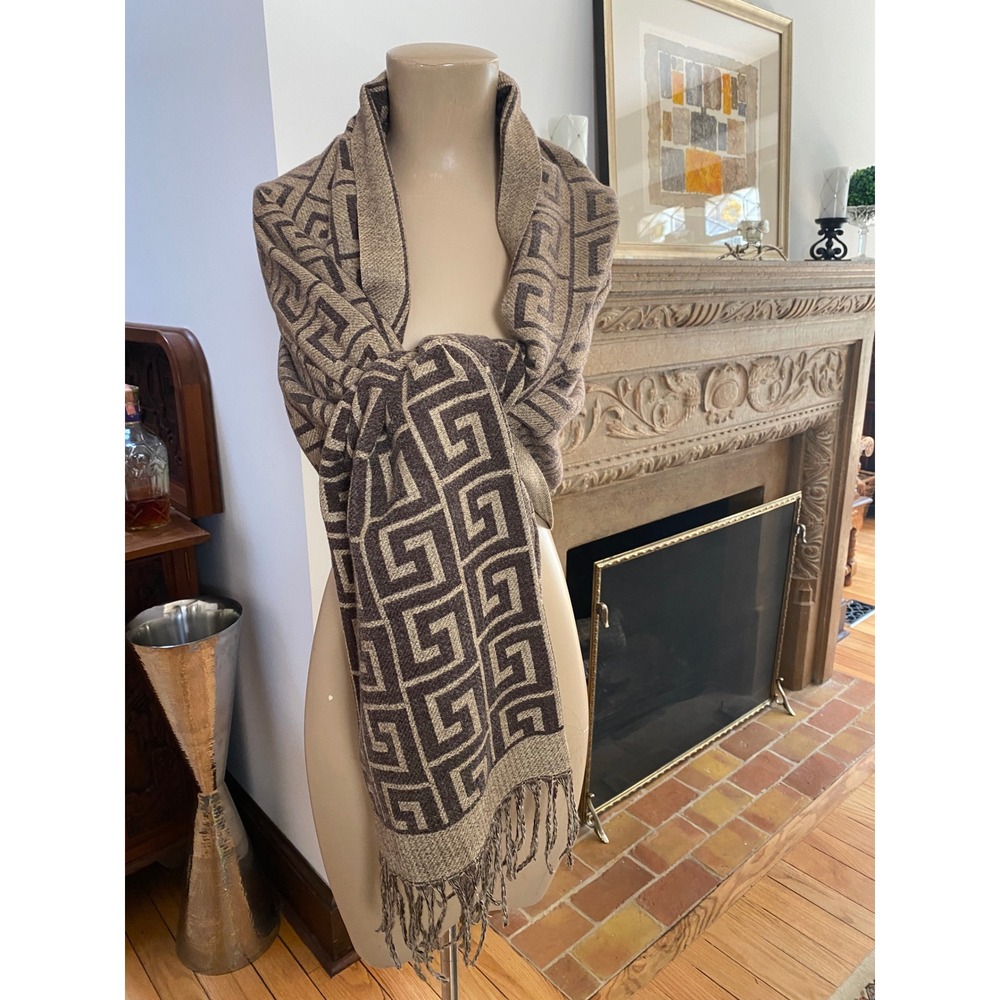 Aldo Womens Brown Tan Geometric Greek Key Maze Wrap Scarf with Fringe Trim